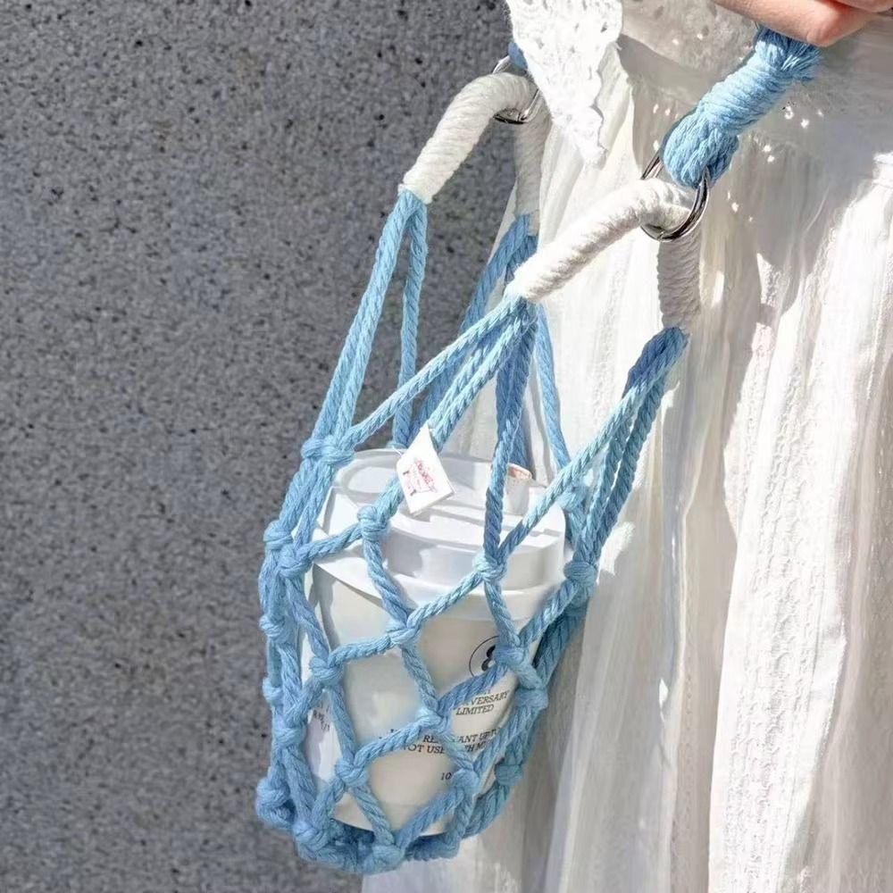 Cotton Rope Crochet Cup Holder Breathable Foldable Portable Coffee Cup Bag Easy To Carry with Strap Hollow Out Cup Sleeve Mugs