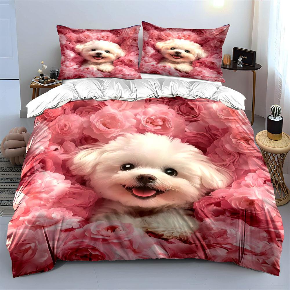 White Puppy Surrounded By Pink Flowers Pattern Duvet Cover Set Digital Print Colorful Polyester Bedding With Zipper Closur