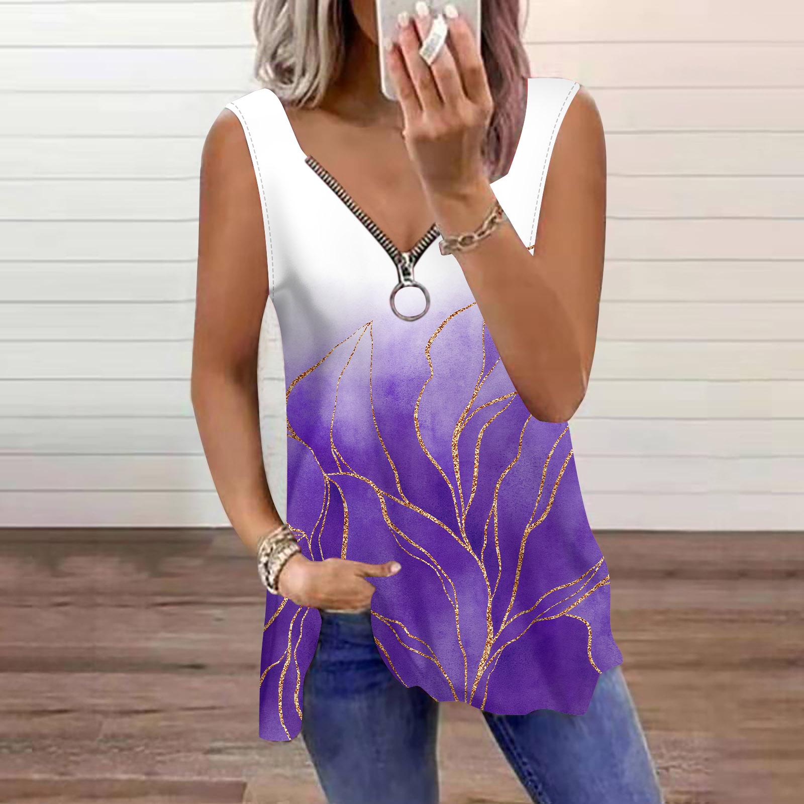 

Женский топ, летний, с золотистым краем, с принтом листьев, повседневный, большого размера, без рукавов, на молнии, с V-образным вырезом, майка 8XL фиолетовый