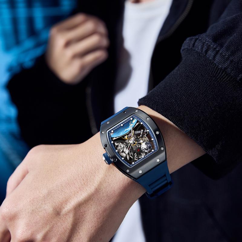 2026 Luxury Automatic Skeleton Men's Watch Montre Homme Automatique Vogue Blue Dial Silicone Strap Fashion Mechanical Watches