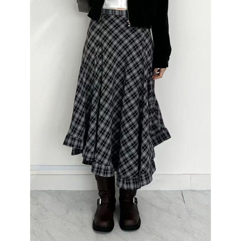 H's European and American Women's Clothing Street Retro Asymmetrical Plaid Skirt Niche Art Ruffles Skirt Mid-Length Skirt