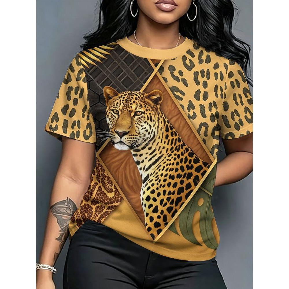 Leopard Pattern 3D Print T-Shirts Summer Women's Short Sleeve Round Neck T Shirt Harajuku Casual Tees Tops Female Clothing
