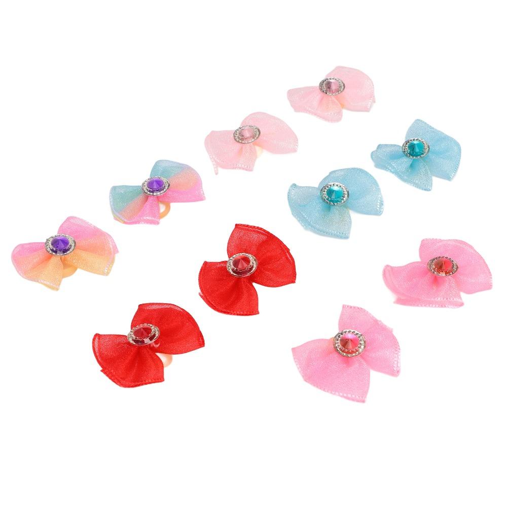 20pcs Organza Ribbon Dog Bow Hair Ties Rhinestone Inlay Pet Bow Rubber Bands Dog Beauty Styling