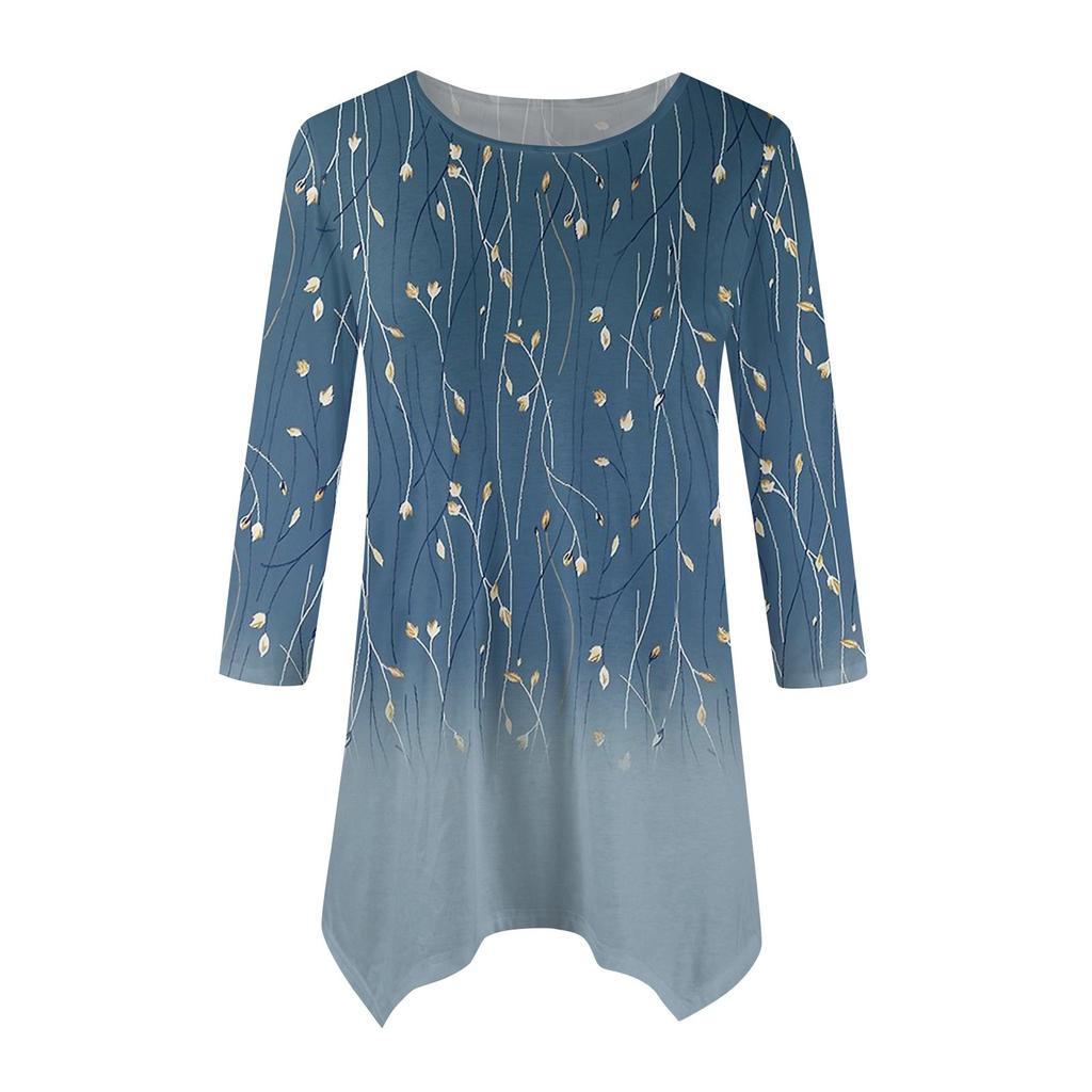 Dámská móda Ležérní tričko s kulatým výstřihem a květinovým potiskem, sedmirukávové, s páskem, volný pohodlný top