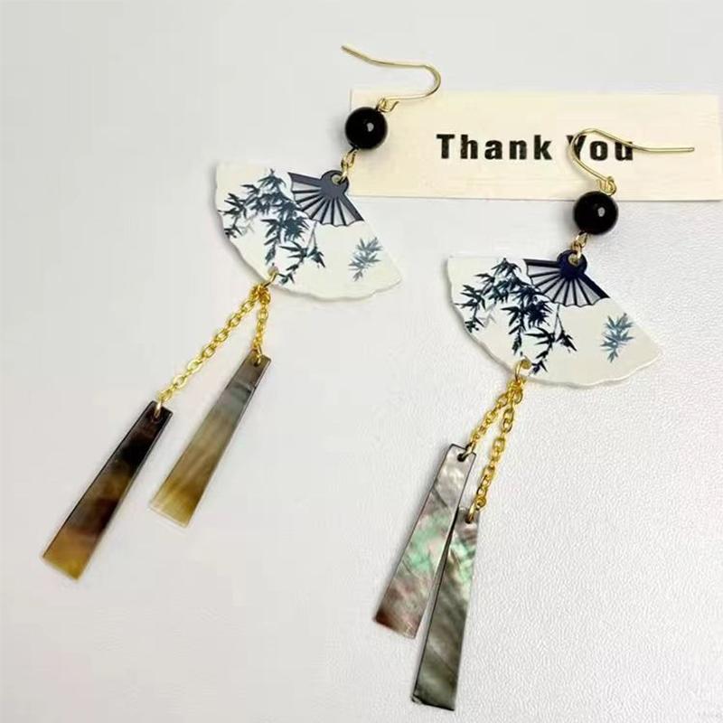 Steel Fun Zircon New Chinese Style Fan Shell Pendent Long Tassel Dangle National Style Earrings for Women Zircon Gift 2024