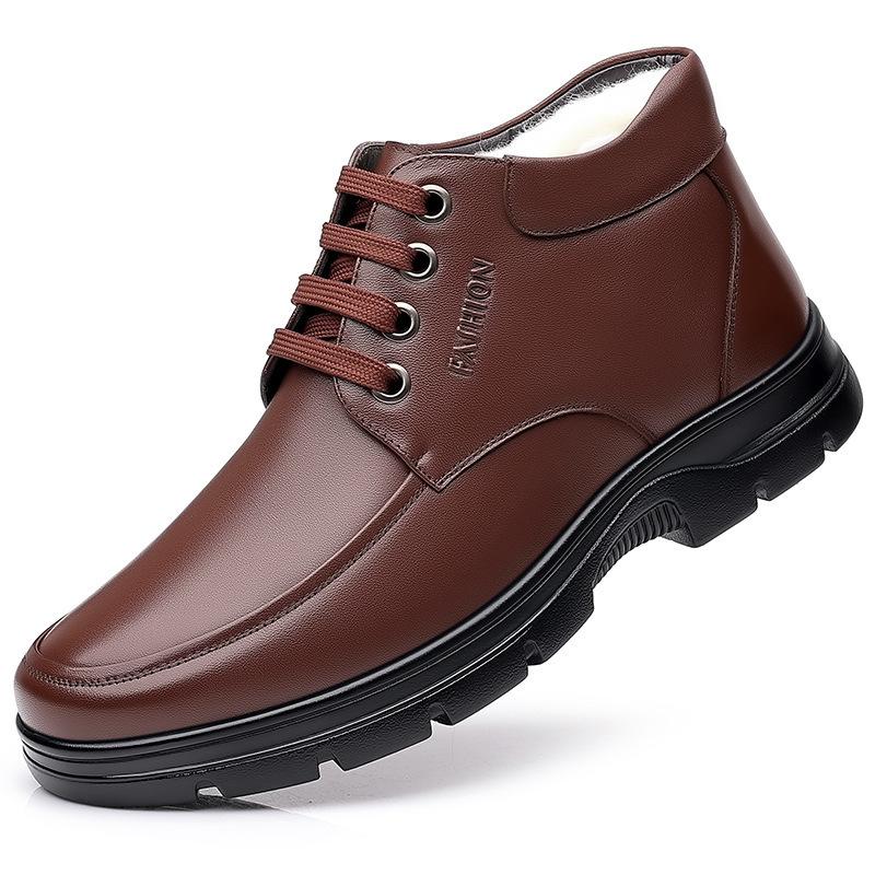 Cotton Shoes Men's Genuine Leather Winter Warm Velvet Beef Tendon Soles Middle-aged and Elderly Father Winter Wool Non-slip Men's Cotton Leather Shoes