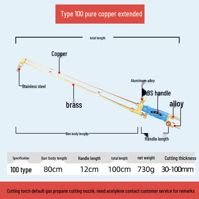 All-Copper Stainless Steel Extended & Thickened Oxygen Acetylene Cutting/Welding Torch Injector, Model G01-30/100/300.