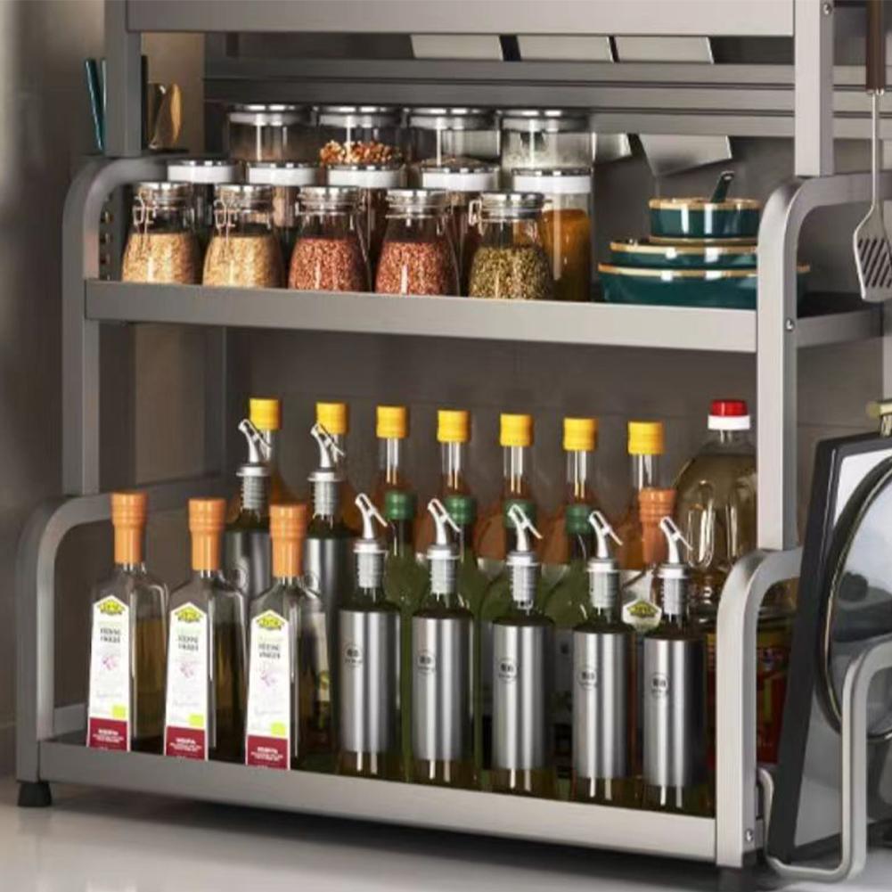 2/3 Layer Seasoning Organizer Carbon Steel Seasoning Bottle Rack with 4 Hooks Countertop Organizer Multi-Function for Kitchen