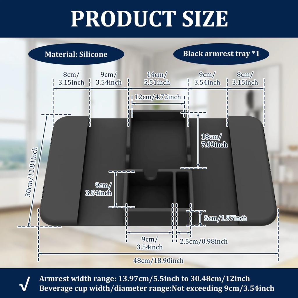 Sofa Armrest Tray Silicone Sofa Armrest Rest Shelf with Side Pocket Dual Slot Anti-Slip Sofa Cup Holder for Remote Control Snack