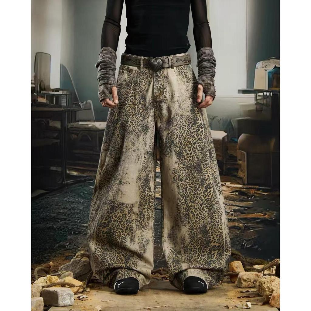 New Distressed Leopard Print Wide-leg Jeans for Men, Casual and Trendy Loose-fitting Trousers