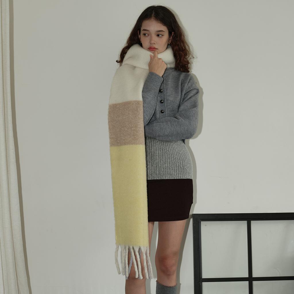 Warm Marshmallow Color Matching Wool Blended Tassel Large Plaid Tassel Scarf for Women Winter Thickened Scarf