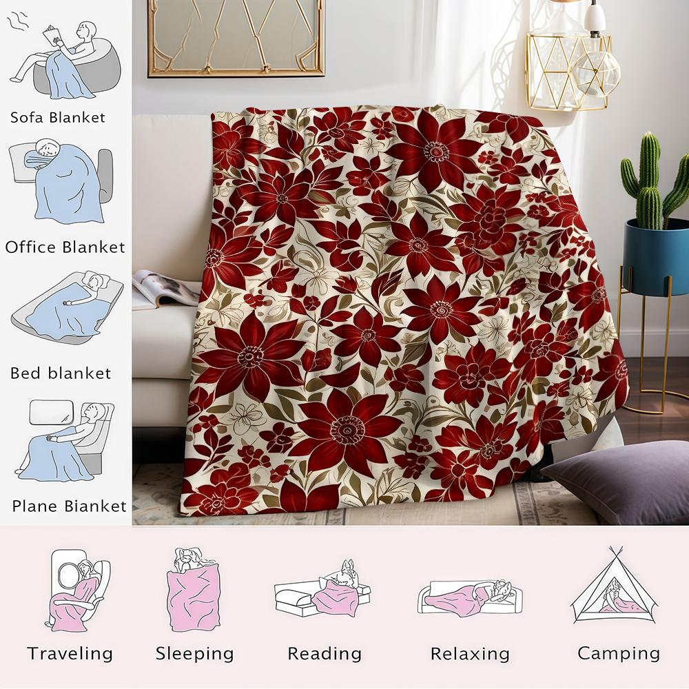 Burgundy Floral Flannel Blanket Warm Soft Halloween Christmas Couch Warm Cozy Decorative Decor Gift for All Season