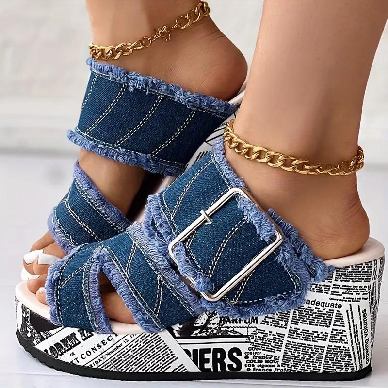 Fashion Women Sandals Casual Fashion Vacation Daily Shoes Women Summer New Buckled Denim Platform Wedge Sandals Women Zapatos De Mujer