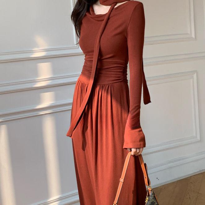 

Лоскутное платье с длинным рукавом, весна-осень, дизайн, темперамент, французская длинная юбка, приталенное, нишевое, офисная одежда M