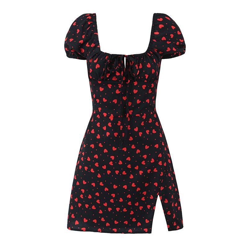 

The Sweetness Is Just Right French style Retro Floral Square Collar Puff sleeve Lace-up Slim fit Slimming Short Split Dress Black Heart S