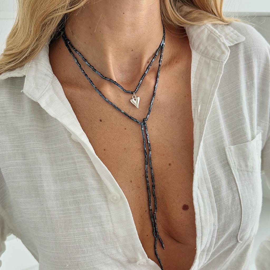 Design Sense Ccb Broken Silver Beaded Long Necklace, Fashionable Love Special-Shaped Pendant, Fringed Winding Neck Chain