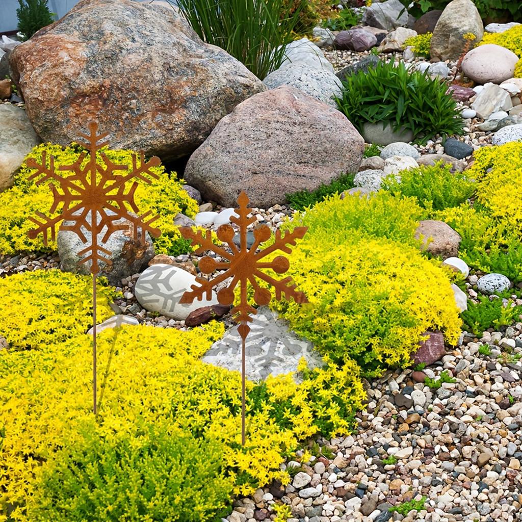 2-Piece Wrought Iron Snowflake Garden Decoration Stakes, Winter Decoration, Rust-Colored Christmas Decoration, Flower Pots, Bonsai Christm