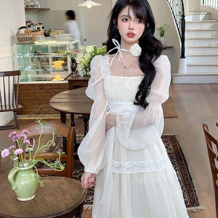 Spring Lace Square Neck Fairy Dress Elegant Waist-Cinching Slim-Fit Chiffon Long Skirt Beach Dress