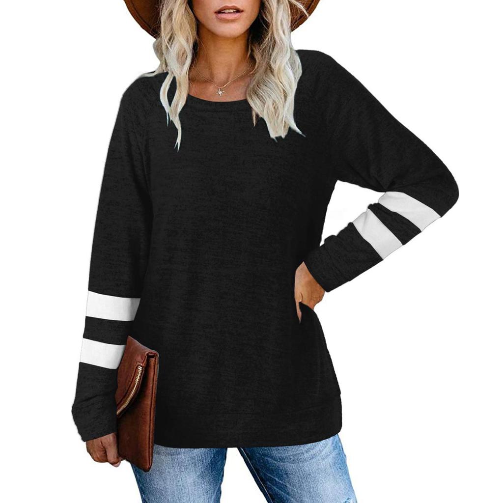 Fashion Casual Womens Long Sleeve Striped Spliced Tops Loose Sweatshirt