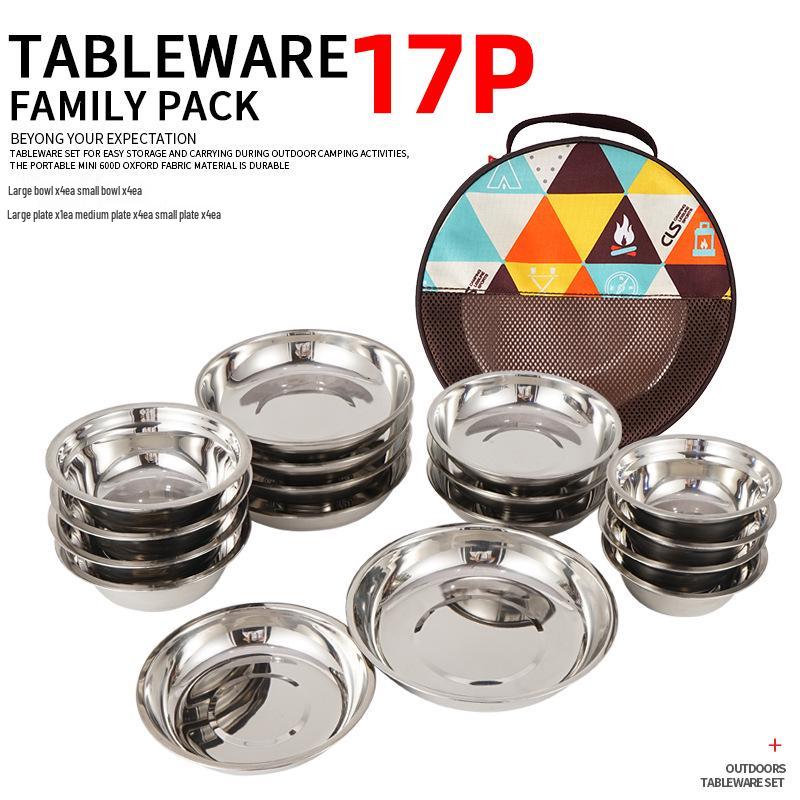 17-Piece Stainless Steel Outdoor Dinnerware Set: Portable BBQ and Camping Cutlery with Plates, Bowls, and Soup Basin.