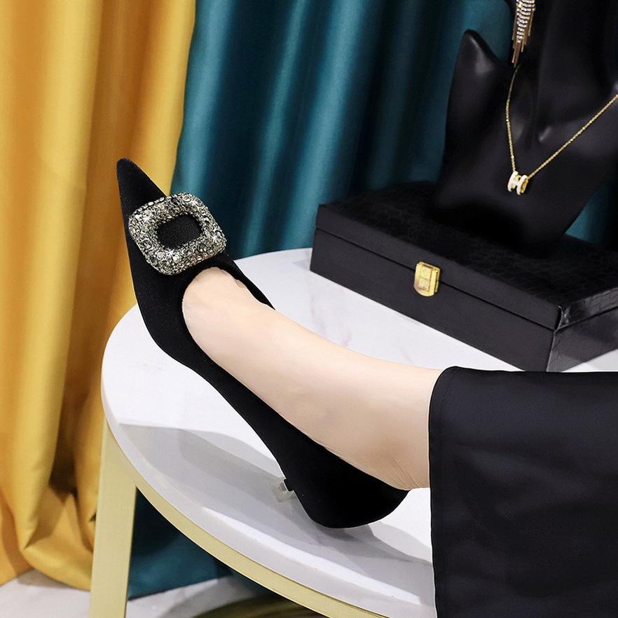 237-K83 Banquet European and American Style Women's Shoes, Thin Heel, Medium Heel, Shallow Mouth, Pointed Head, Thickened Suede Metal Rhinestone Buc