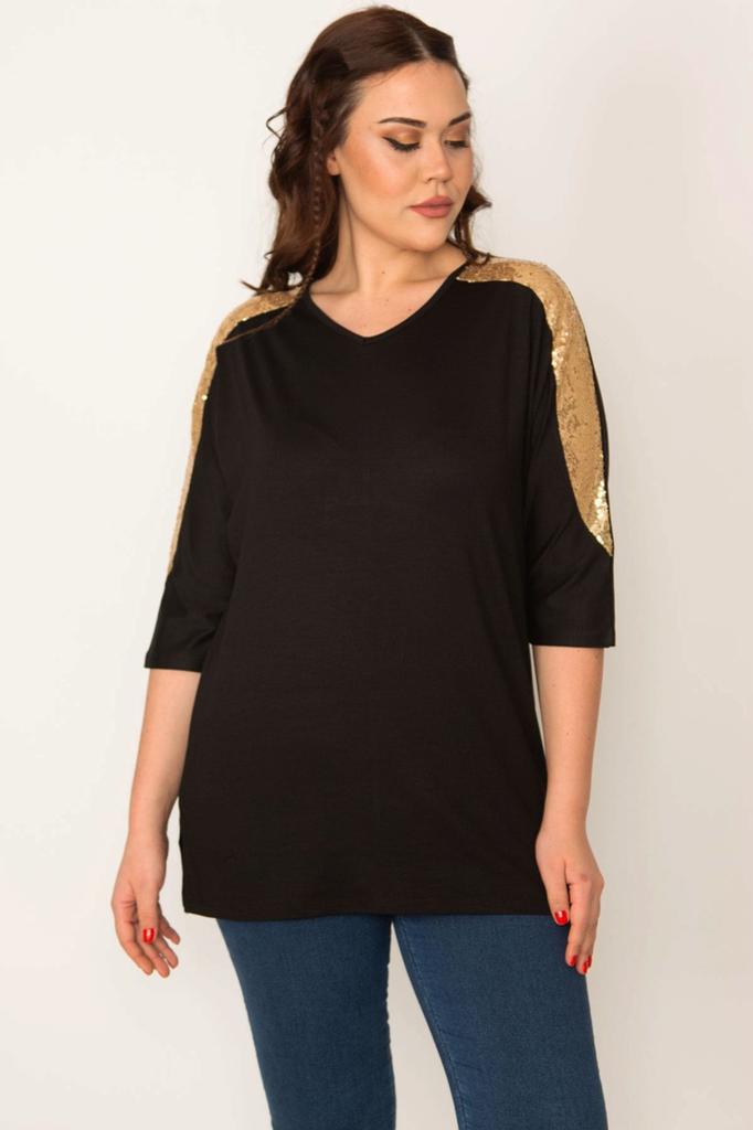 Damska bluzka w dużym rozmiarze Duży rozmiar Srebrna cekinowa szczegółowa bluzka z wiskozy z dekoltem w szpic i rękawami capri