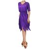Ladies Glittery Rhinestone Tassel Dress Mesh Patchwork Short Sleeve Irregular Hem Fringe Latin Tango Chacha Dance Dress