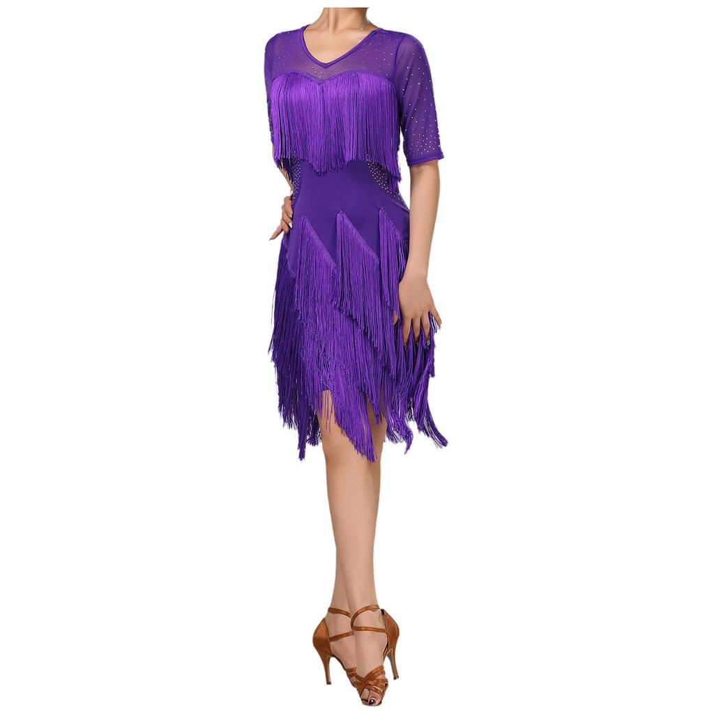 Ladies Glittery Rhinestone Tassel Dress Mesh Patchwork Short Sleeve Irregular Hem Fringe Latin Tango Chacha Dance Dress