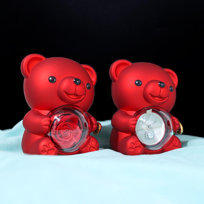 Mini Teddy Bear Flower Jewelry Box - Rotating Storage for Rings & Necklaces, Valentine's Day Gift