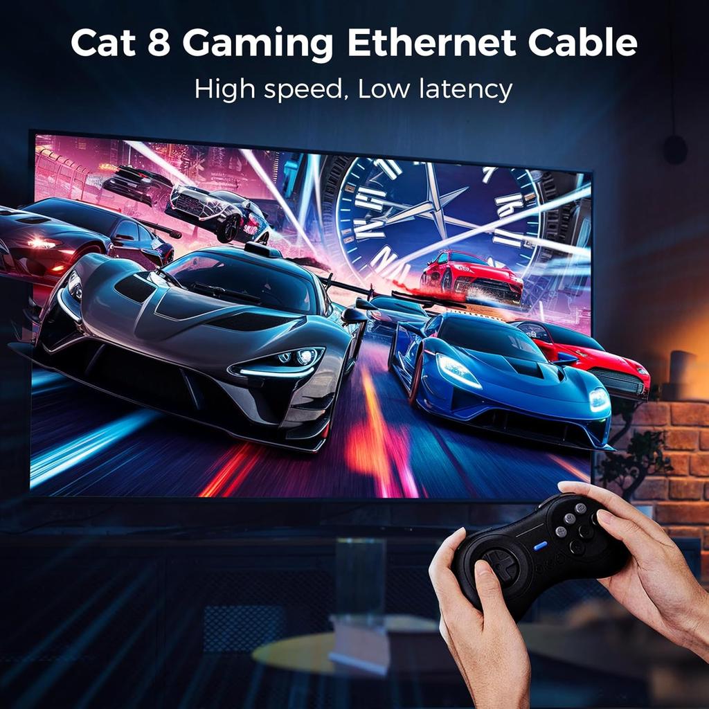 Cat 8 Ethernet Cable 1FT, High-Speed Braided Internet Cable Network Cord with Gold Plated RJ45 Connector 40Gbps 2000Mhz Heavy Duty LAN Cable Shielded