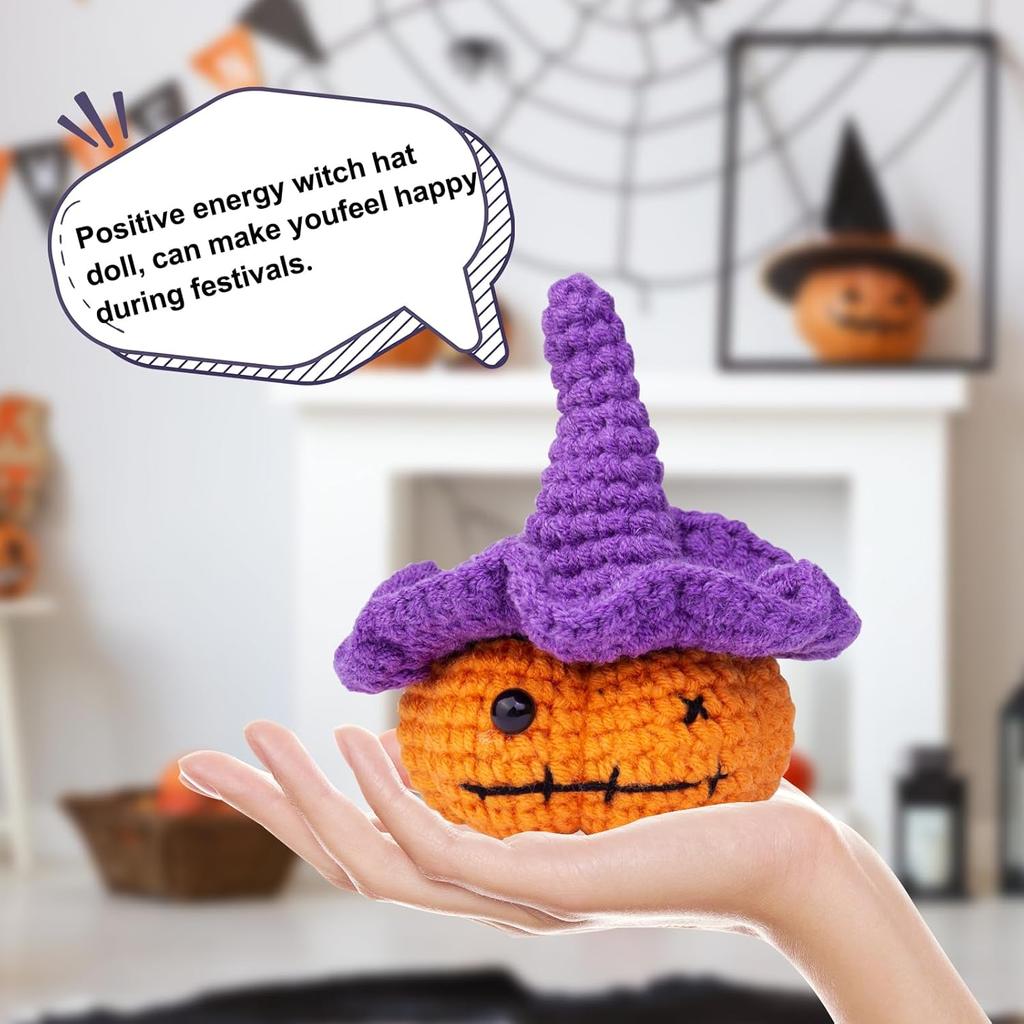 Funny Crochet Emotional Support Pumpkin Gifts Desktop Ornament Handmade Knitted Pumpkin Doll With Card Home Room Halloween Decor