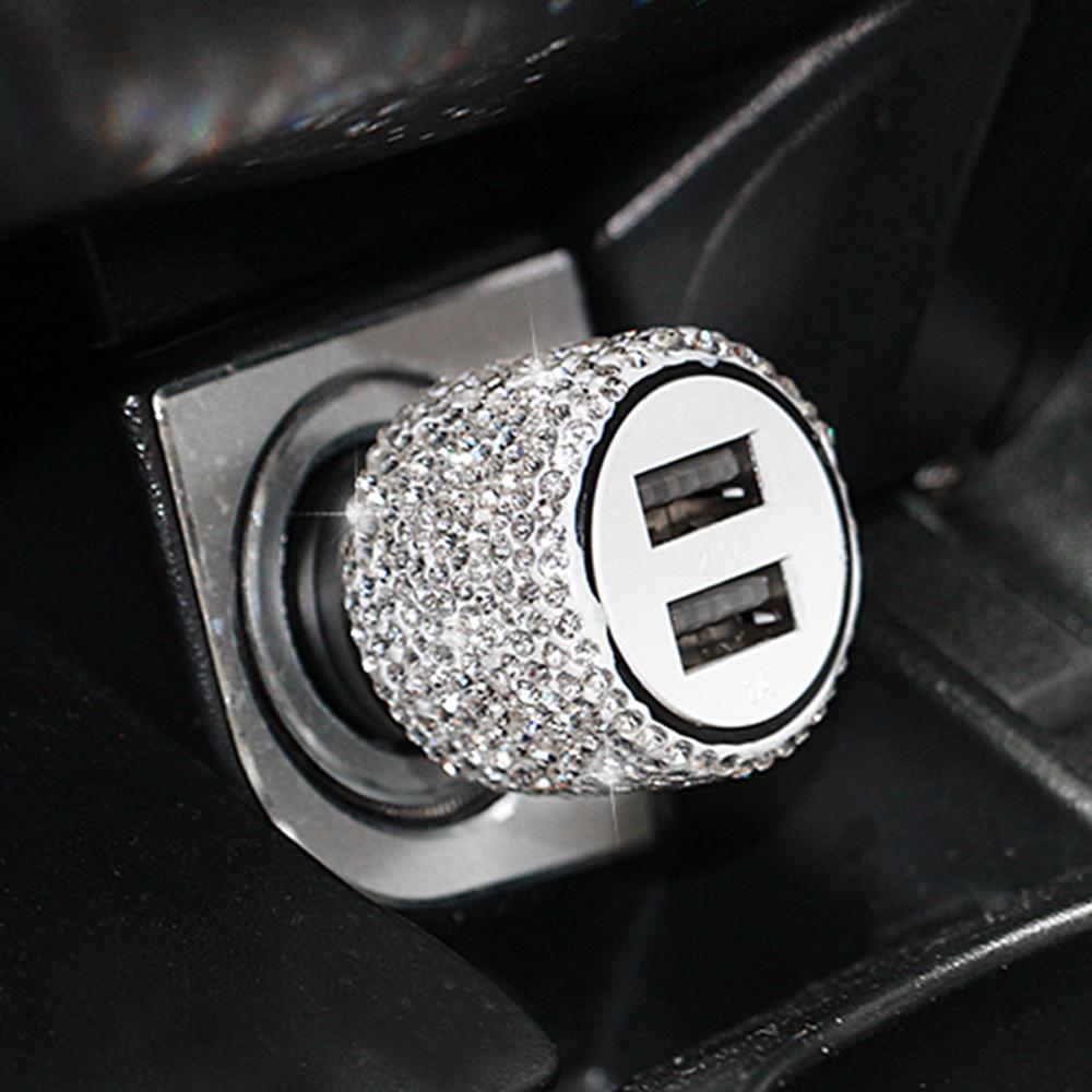 New Bling USB Car Charger 5V 2.1A Dual Port Fast Adapter Pink Car Decor Car Styling Diamond Car Accessories Interior for Woman