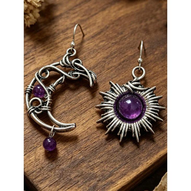 1 Pair Bohemian Star & Moon Purple Bead Earrings, Asymmetrical Sun & Moon Wrapped Design Earrings
