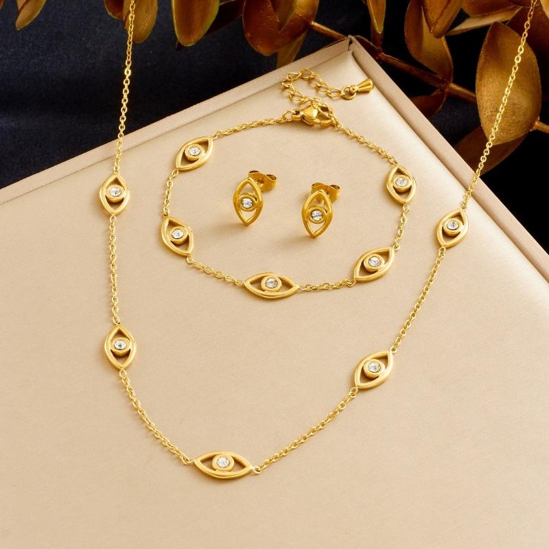 Gold Cubic Zirconia Evil Eye Jewelry Set Necklace Bracelet Earrings