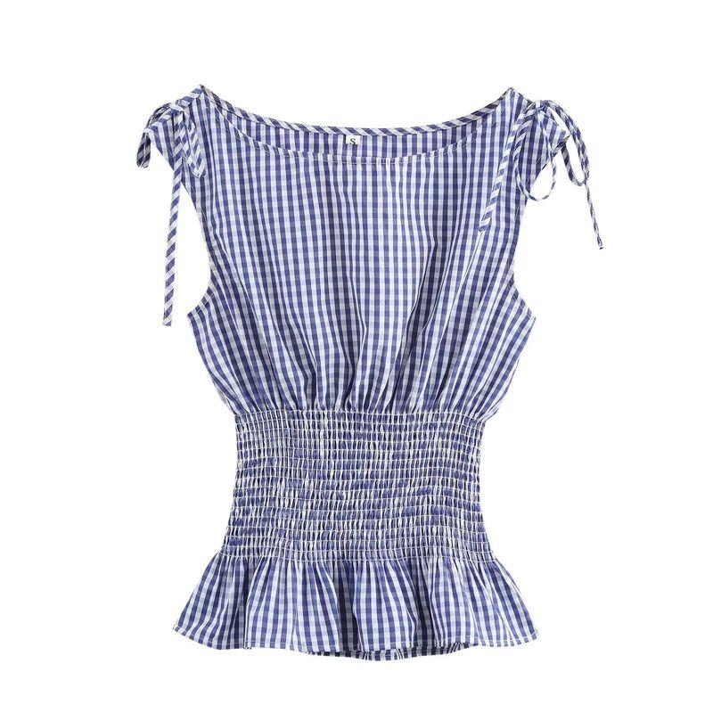 

Kaslead New Arrival Women s Clothing Fashion Style Fashion Minimalist Stripes Bandage Smocking Waist-Controlled Top Blue L