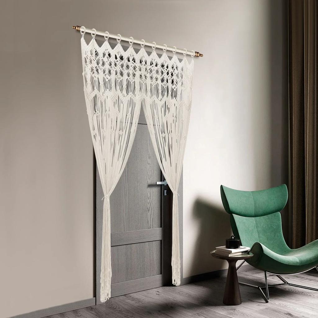 120 x 195 cm Makramee Türvorhang, Handgefertigter Boho-Stil Vorhang Großer Handgewebter Vorhang mit Holzring Baumwollgewebte Dekoration