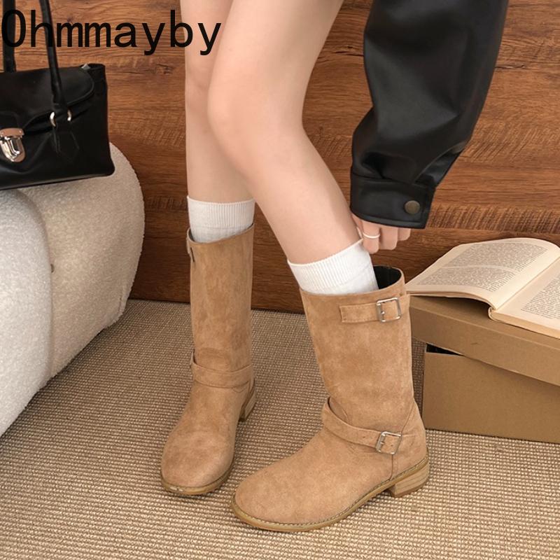Winter Street Style Gürtelschnalle Damen Ritterstiefel Elegant Niedrig Absatz Schuhe Damen Slipper Mid-Calf Stiefeletten De Muje