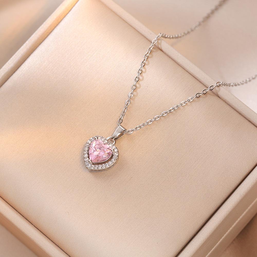 Charm Fashion Pink Heart Zircon Rings for Women Luxury Silver Color Stainless Steel Crystal Necklace Jewelry Set Gift Colorfast