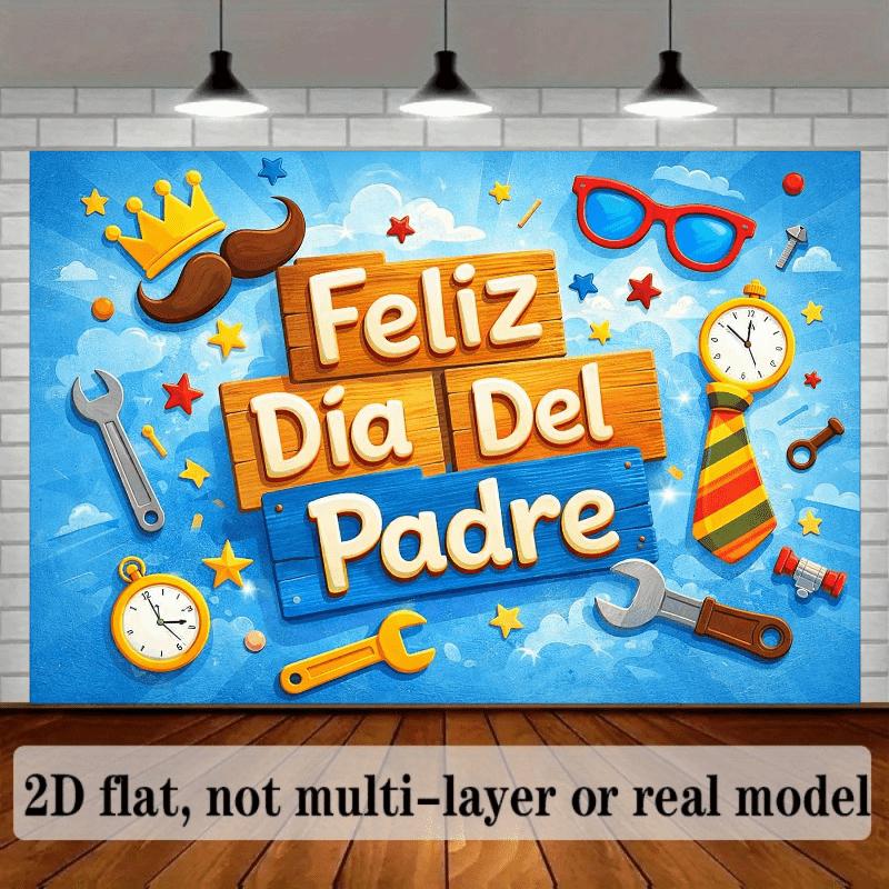 2D Flat Tie Theme Background with Yellow "Feliz D Í a Del Padre" Artistic Font In the Center and Blue Radiation Background