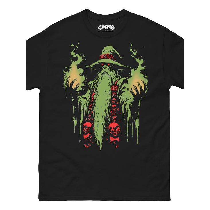 Men's Black Short Sleeve T-Shirt with Creepy Green Wizard Graphic, Red Skulls & Smoke Design, Crew Neck, Soft Cotton Blend for Casual Wear