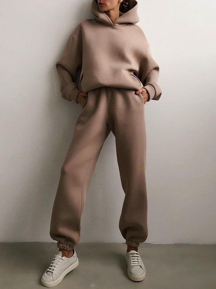 Elegant Women Two Piece Sets Warm Hoodie Sweatshirt And Long Pant Fashion Solid Suits For Ladies