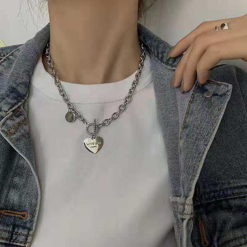 Trendy Titanium Steel Heart Necklace - Short Length Stainless Steel Letter Pendant Fashion Accessory