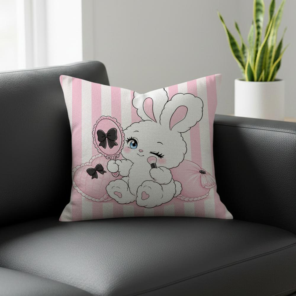 Character Pink Rabbit Cushion Cover Natural Linen Pillowcase Set AllinOne Decor for Sofa Bedroom Chair