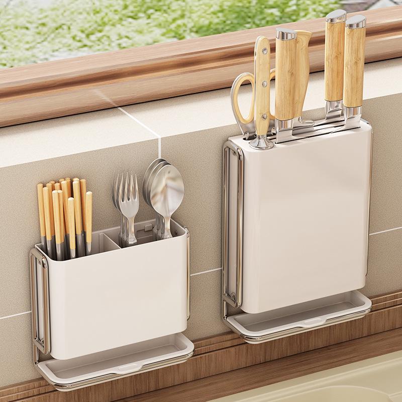 Wall-Mounted Multifunctional Knife and Cutlery Holder with Integrated Chopstick Storage