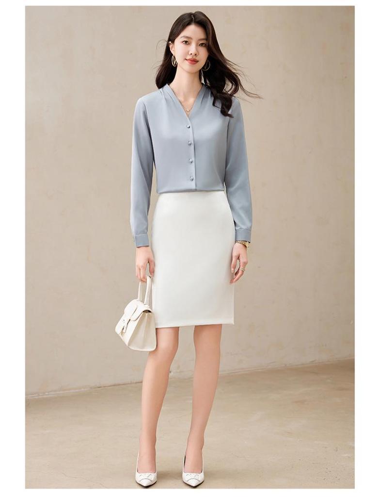 Women's White V-Neck Chiffon Shirt: Formal Spring/Autumn Wear for Interviews and Office.