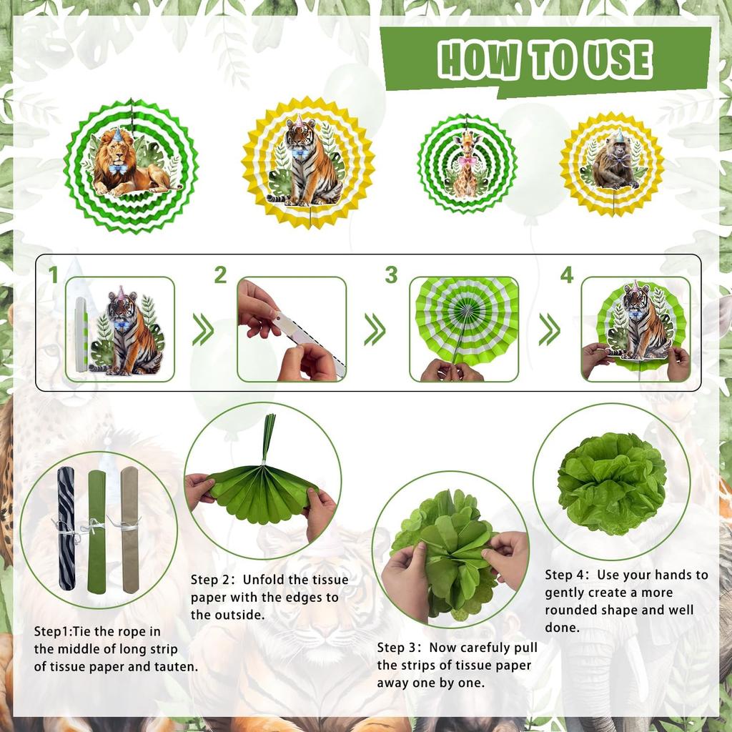 Mpanwen Safari Jungle Birthday Party Decorations, 125 Pcs Safari Zoo Animal Theme Party Supplies for Baby Boys - Backdrop, Cupcake Toppers, Palm