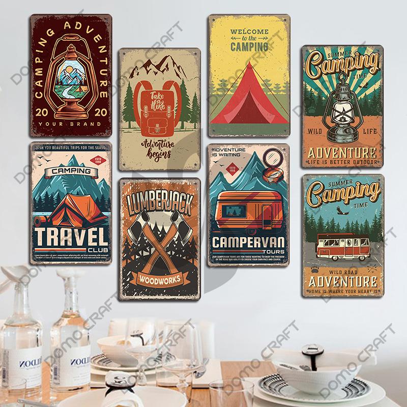 Camping Abenteuer Plaketten Vintage Metall Platte Berg Reise Campervan Touren Retro Metall Zeichen Wand Dekor Reise Club Camping Autos