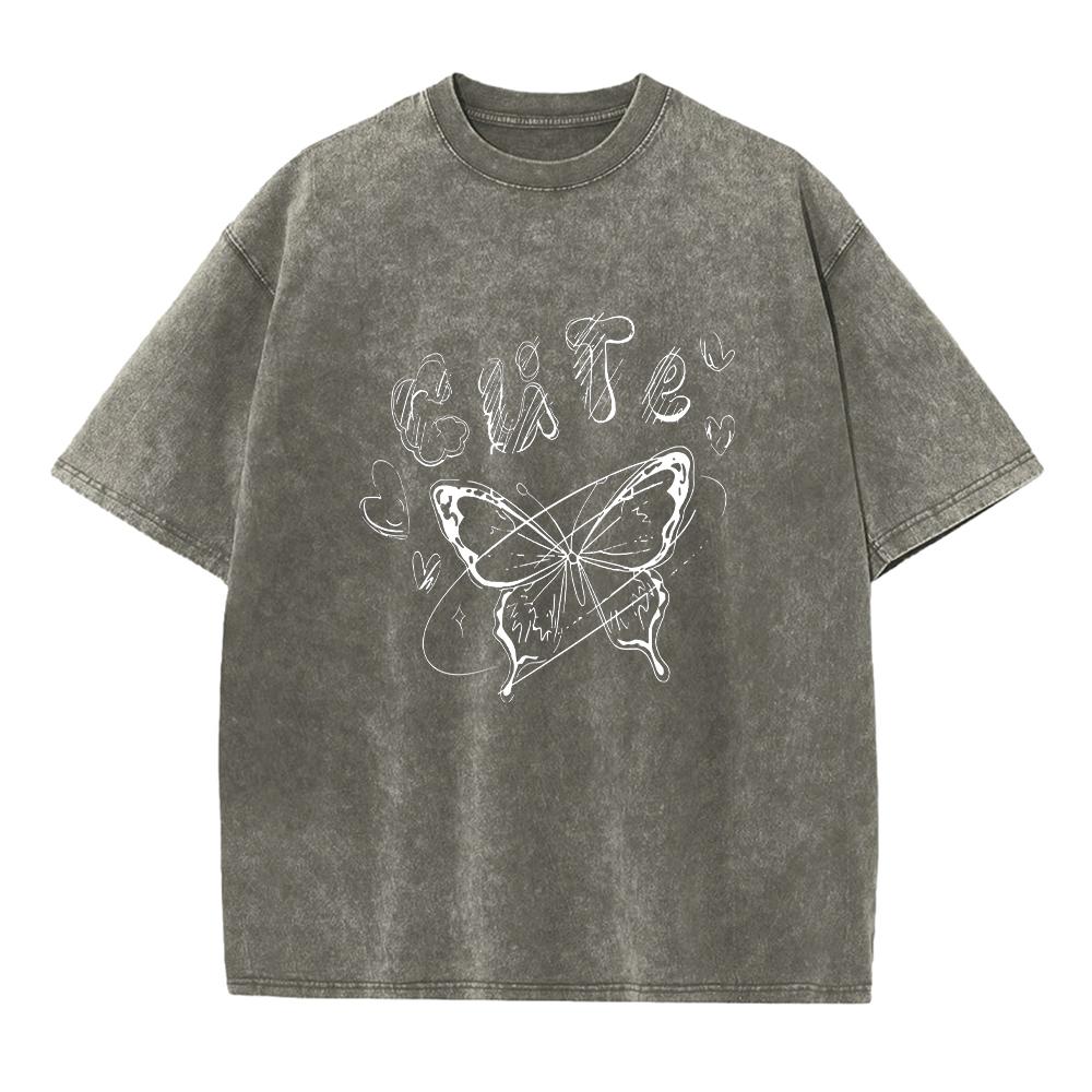 

Summer Butterfly Print Distressed Washed TShirt Loose Fit Casual Everyday Commute Top Retro Street Style Machine Washable S
