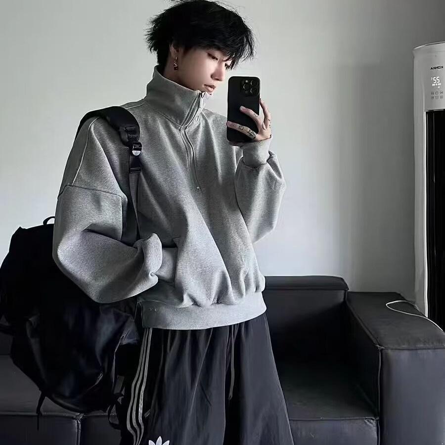 Men's Retro Half-Zip Stand Collar Hoodie - Spring/Autumn Trendy Heavyweight Streetwear Loose Pullover