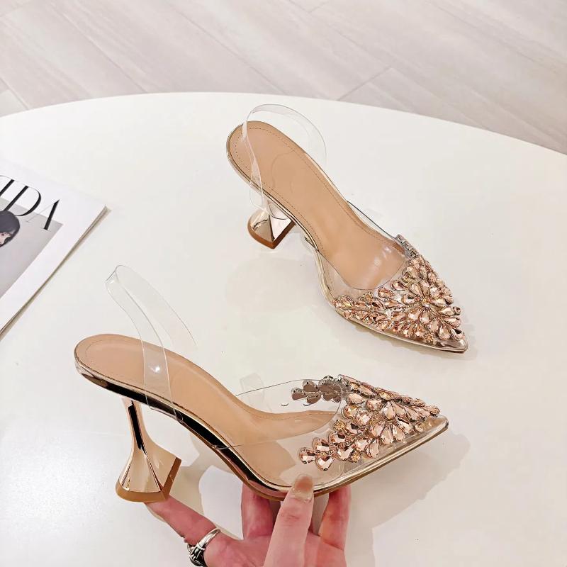 Summer Women's High Heels Pointed Rhinestones Transparent Sexy Wine Glass Heels Fashionable All-match Closed Toe Sandals